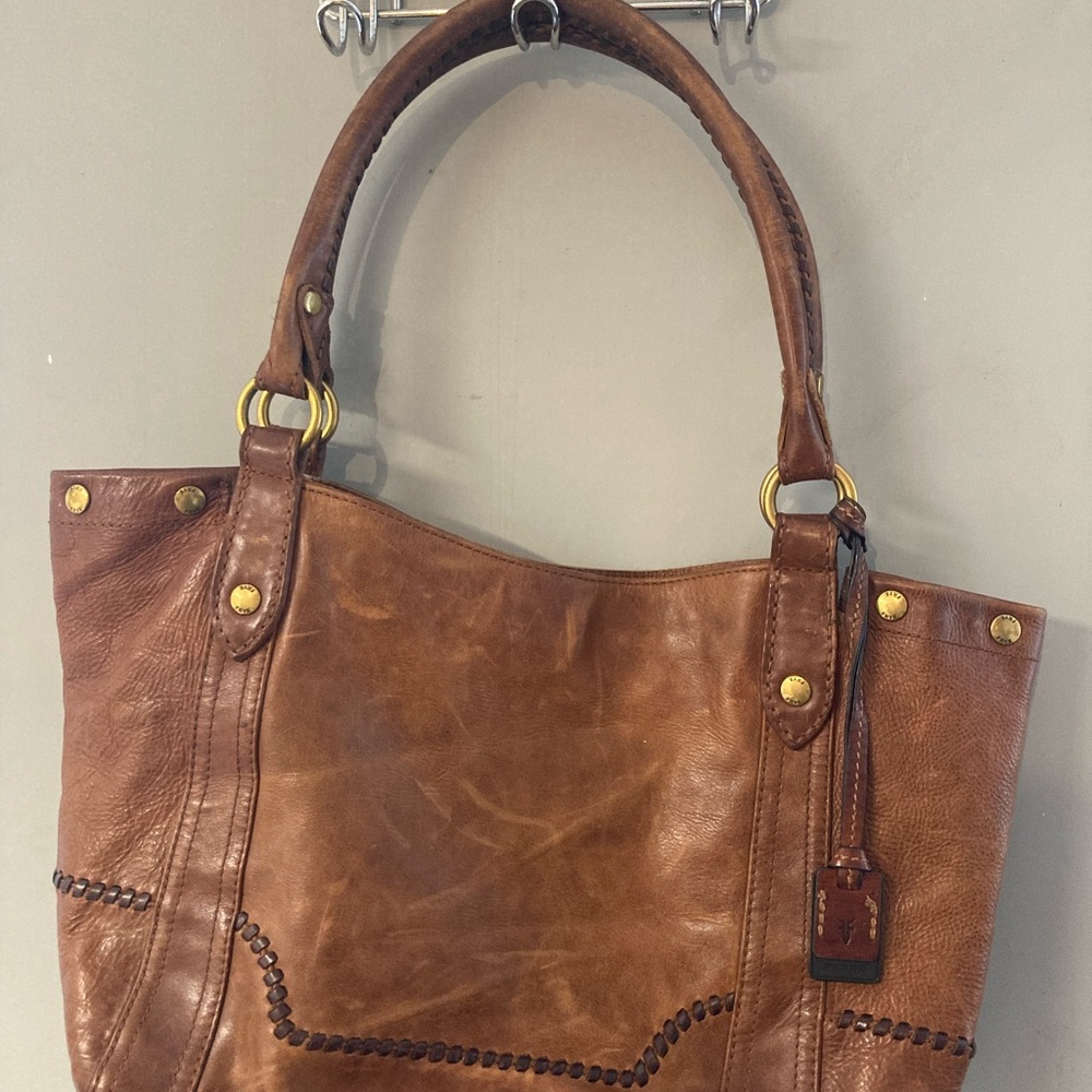 Frye Brown and Gold Leather Tote Bag with Distressed Finish